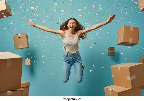 Happy woman jumping with cardboard boxes around her