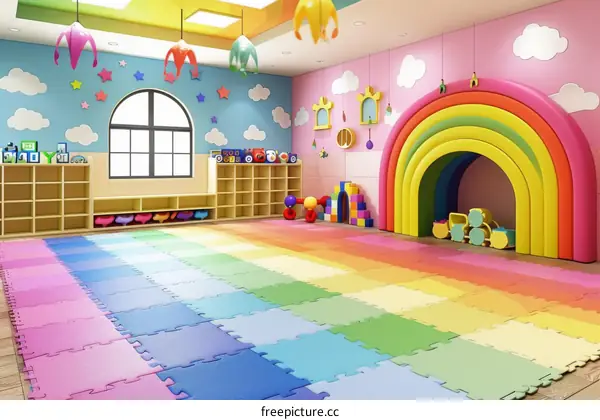 Colorful Kindergarten Classroom with Rainbow Playmats and Toys