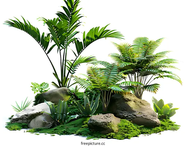 Tropical plants and rocks on white background