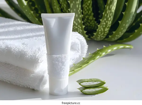 White Aloe Vera Cream Tube with Towel and Aloe Vera Plant