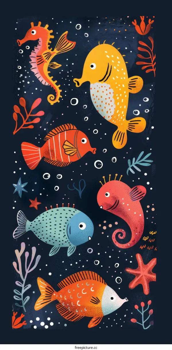 Whimsical Underwater World Illustration with Colorful Fish and Sea Creatures