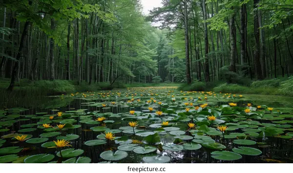 Mystical pond in the heart of the lush green forest