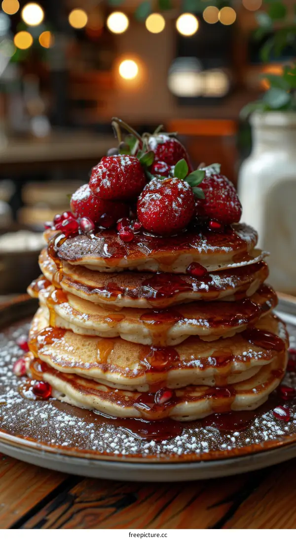 Scrumptious Pancakes with Honey, Strawberries, and Pomegranate