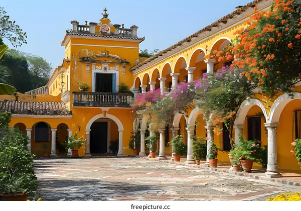 Yellow Colonial Building with Arched Courtyard