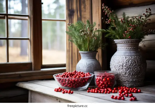 Lingonberries in Wooden Bowl and Decorative Vase