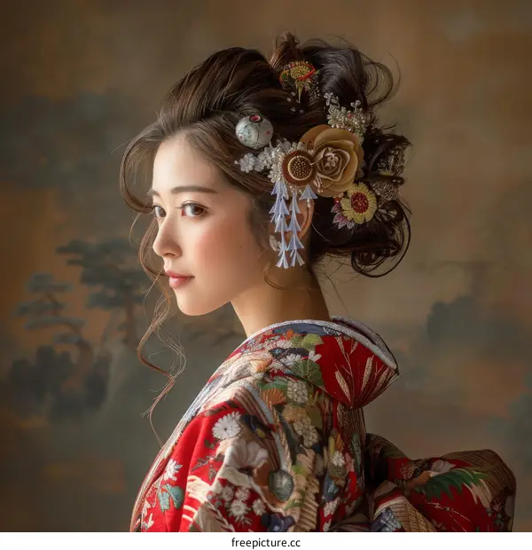 Portrait of a young woman in a kimono