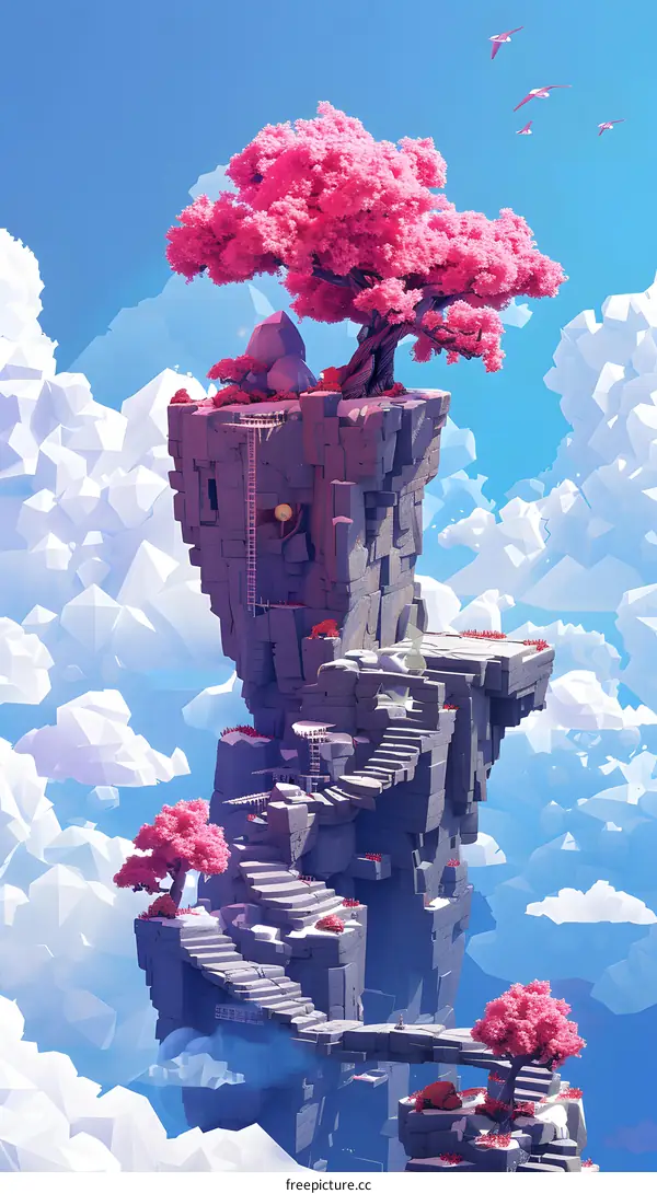 Fantasy Landscape With Pink Trees And Stone Structures