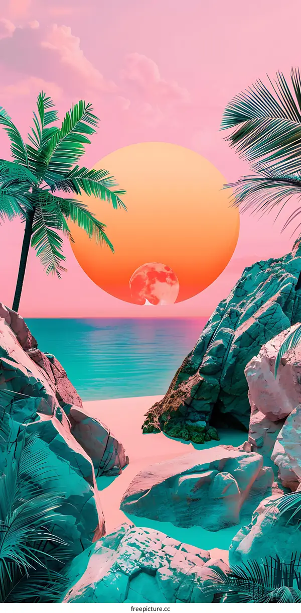 Tropical Sunset with Palm Trees and Ocean