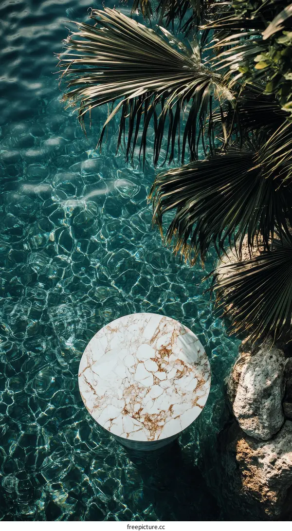 Marble Table Floating in Pool with Palm Leaves