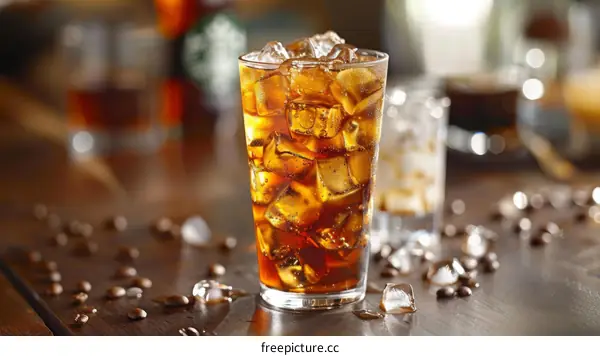 Iced coffee in a glass with ice cubes