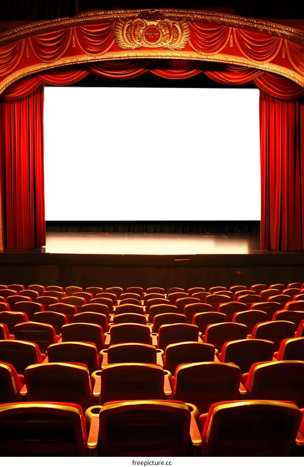 Empty Theater Seats With Red Curtains And A Large Screen