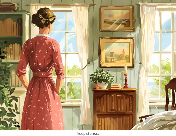 A woman standing in front of a window looking out at the sea