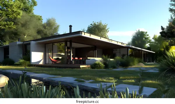 Modern House Design with Hammock and Pond