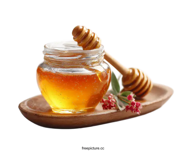 [Transparent Background PNG]Honey Jar with Wooden Dipper and Flowers