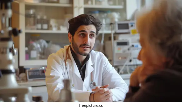 Middle Eastern doctor talking to a senior patient in a hospital