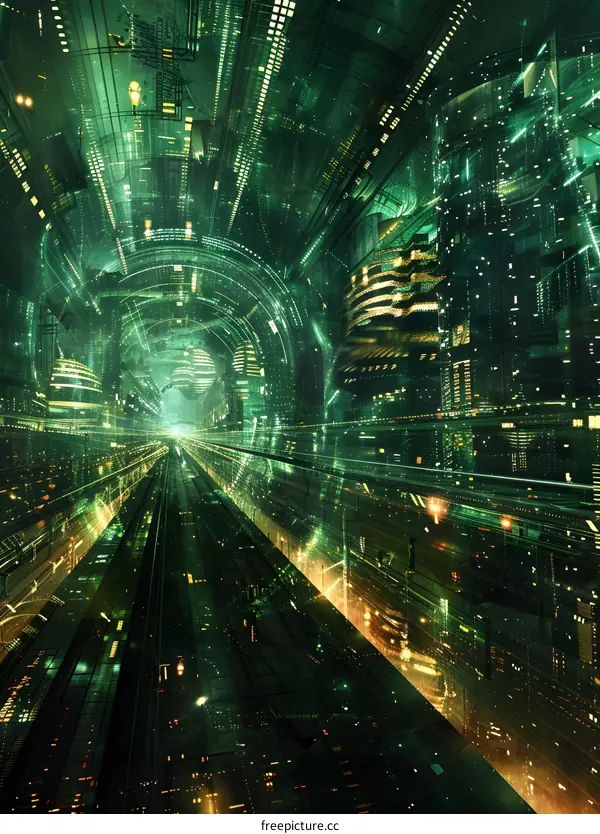 Futuristic city tunnel with green neon lights