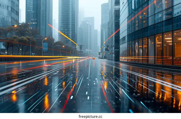 Rain-soaked Cityscape with Skyscrapers and Light Trails
