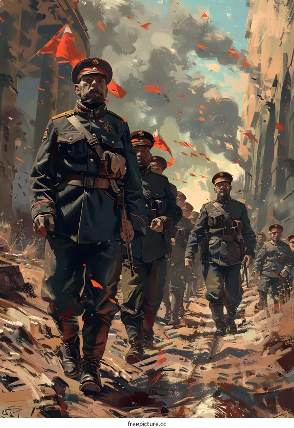 A group of soldiers in military uniform marching through a war-torn city