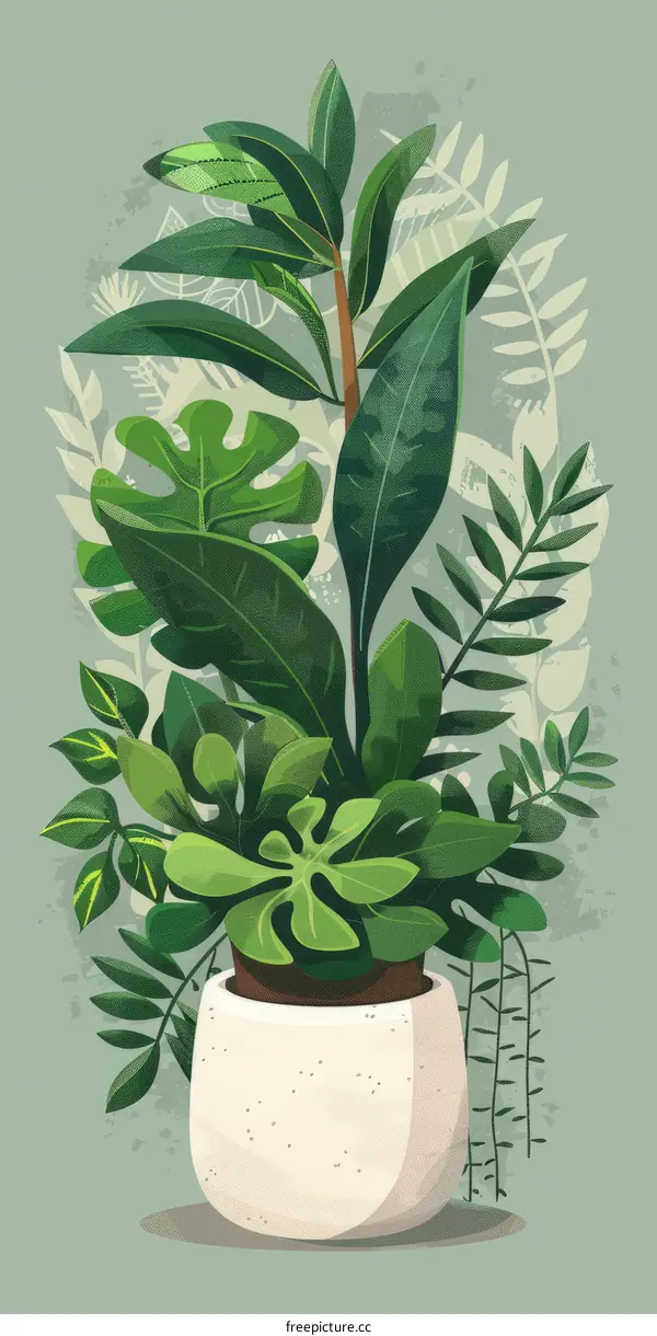 A beautiful illustration of a potted plant with lush green leaves.