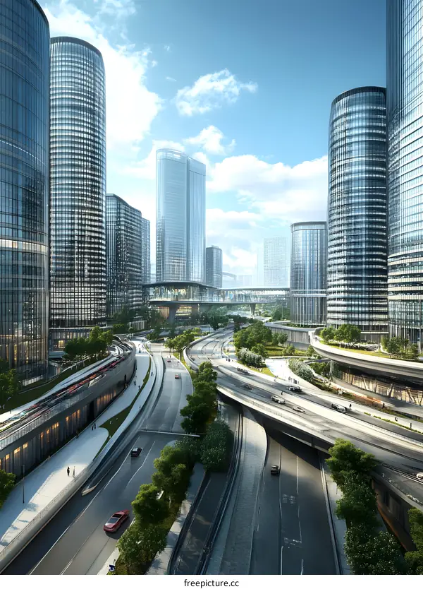 Modern Cityscape with Skyscrapers and Highway