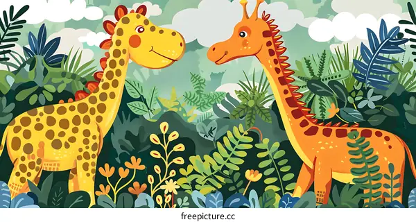 Two Giraffes In A Lush Jungle