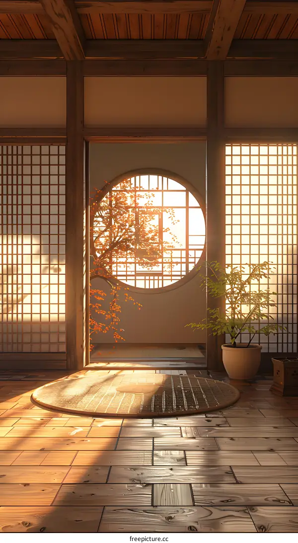 Japanese style room with round window and tatami mats
