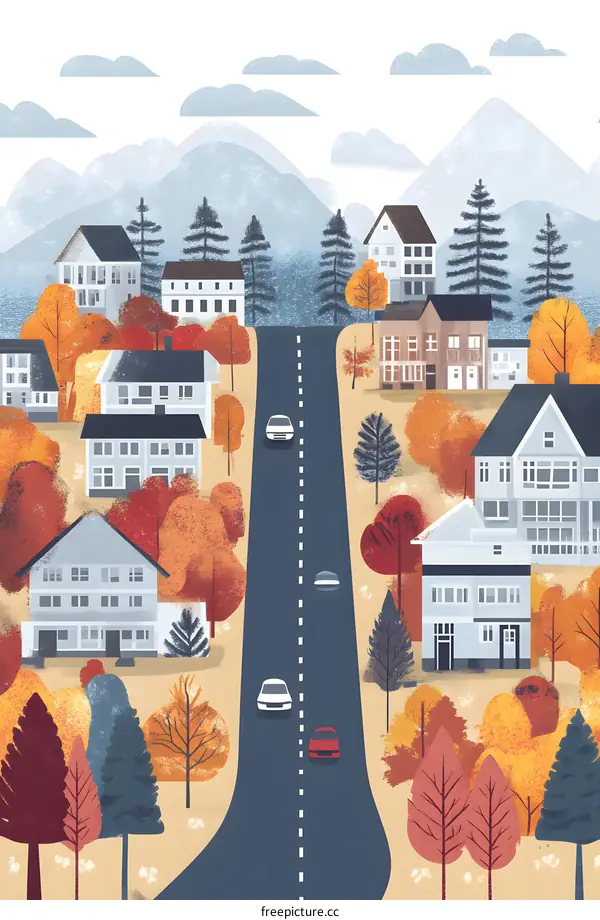 Autumn Road Through The Hills With Houses And Cars