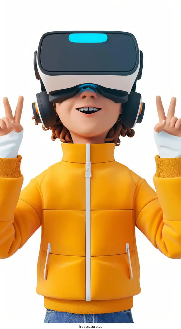 3D illustration of a young boy wearing a virtual reality headset and making peace signs