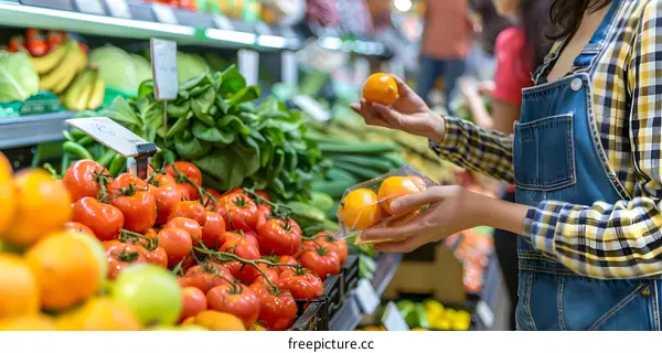 Woman Choosing Fresh Oranges at the Supermarket