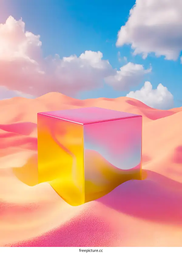 Golden Cube in a Pink Desert