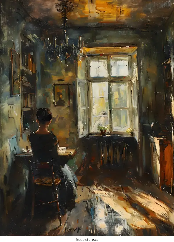 A woman is sitting in a dimly lit room, reading a book. There is a window in the background.