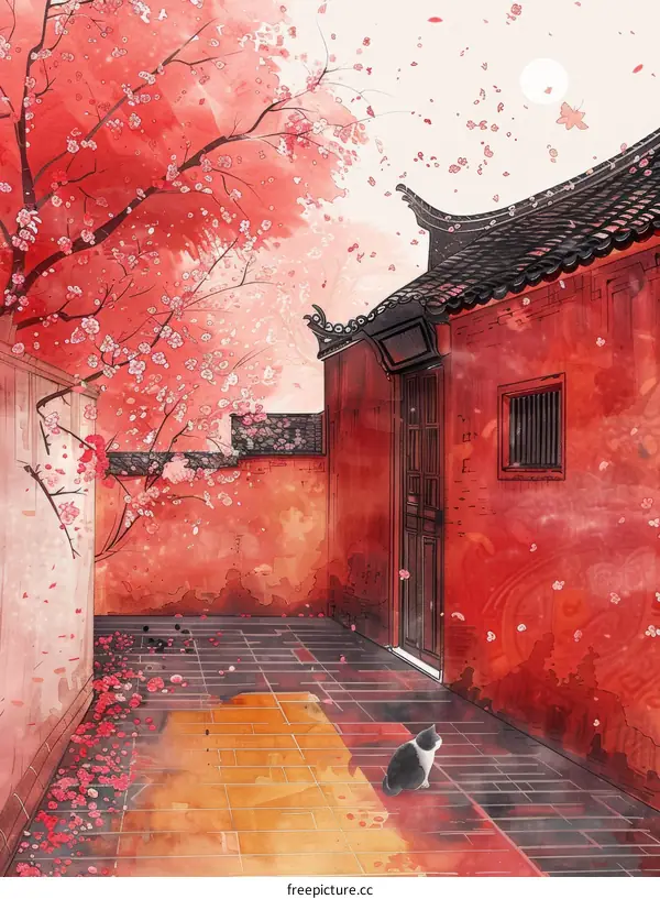 Watercolor Painting of a Red Chinese Building With Cherry Blossoms