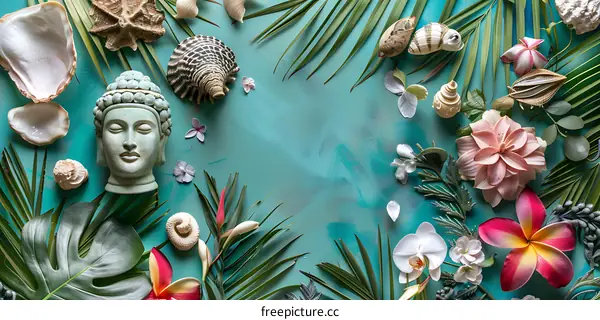 Tropical Flower and Shell Arrangement with Buddha Statue