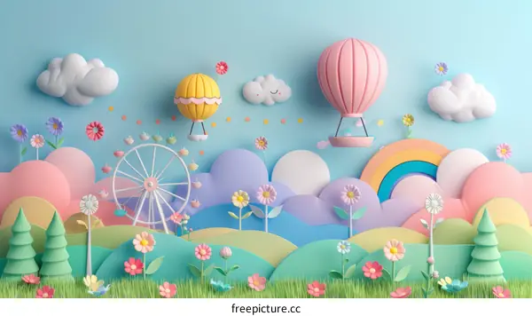 Whimsical 3D illustration of a colorful landscape with a rainbow, flowers, and hot air balloons.