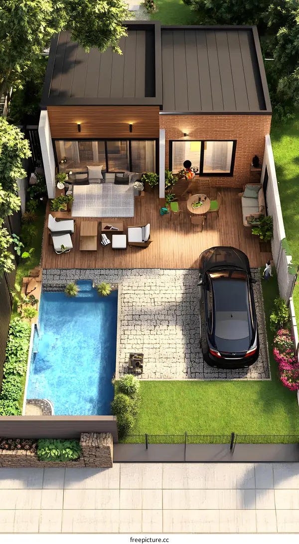 Modern House Design with Backyard Pool and Car