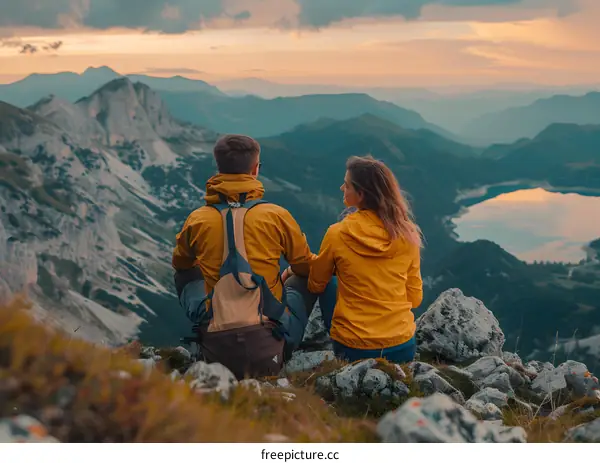 couple sitting on a mountaintop overlooking a lake