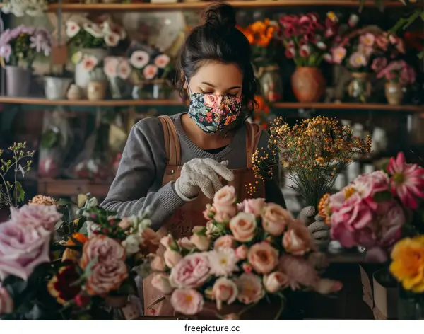 Florist wearing a mask while working with flowers in a flower shop