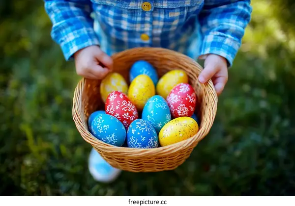 Child Holding Easter Basket with Decorated Eggs
