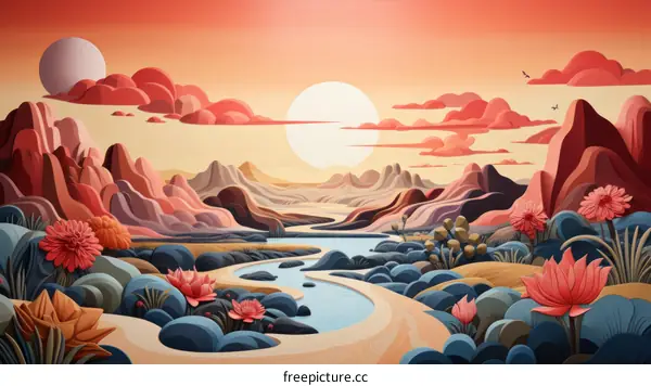 Surreal landscape with river and mountains