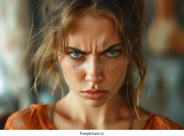 Close-up Portrait of a Woman with an Angry Expression