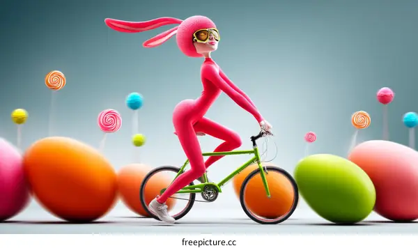 Colorful Easter Illustration of a Woman Riding a Bicycle