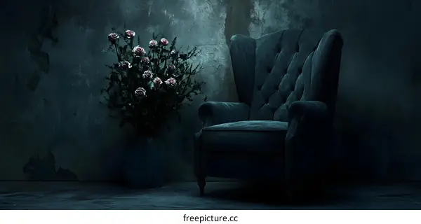 Dark Room Interior Design with Velvet Armchair and Pink Roses
