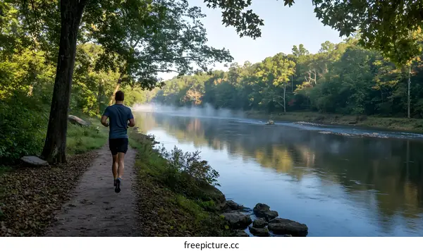 Man Running Along River Path with Fog