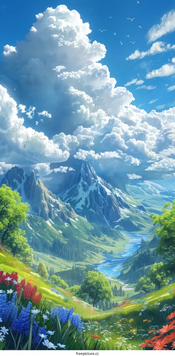 Enchanting Fantasy Landscape with Majestic Mountains and Serene River