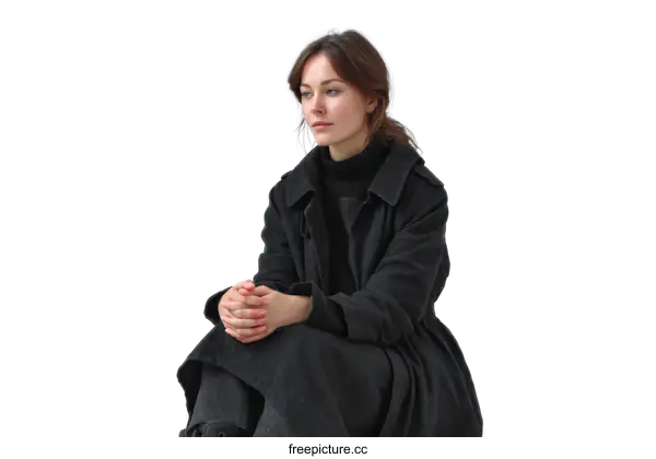 [Transparent Background PNG]Woman in Black Fashion Coat Portrait
