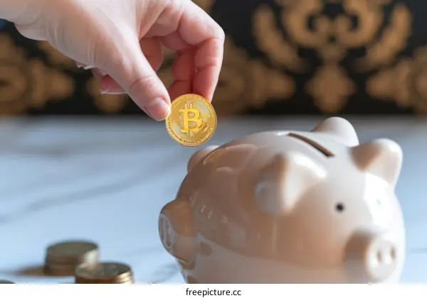 A hand putting a Bitcoin into a piggy bank