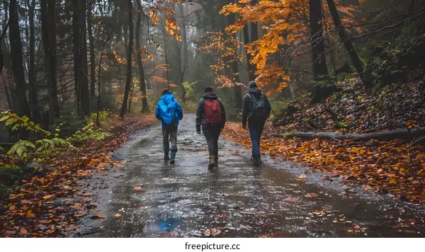 Three Hikers Walking on a Forest Path in Autumn