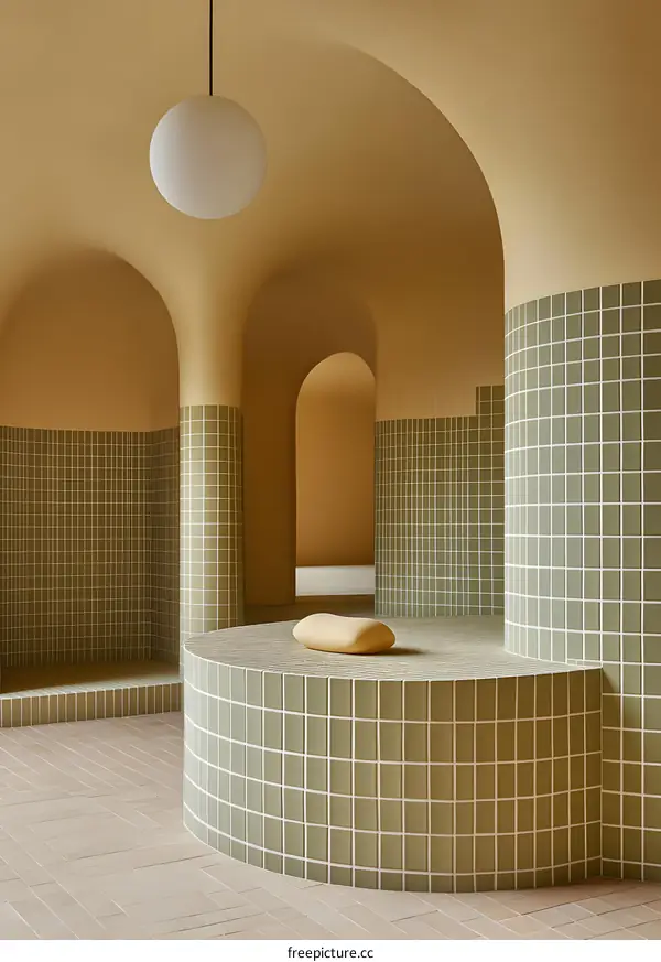 Modern Minimalist Interior Design With Green Tiled Walls and Arches