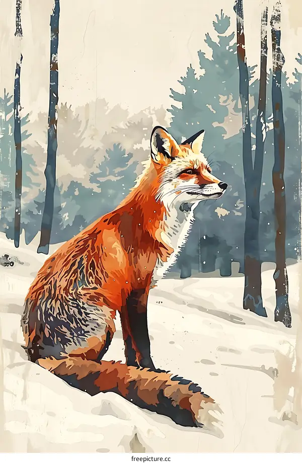 Red Fox in Winter Forest Watercolor Illustration