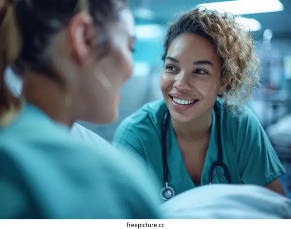 A smiling nurse talking to a patient in a hospital room